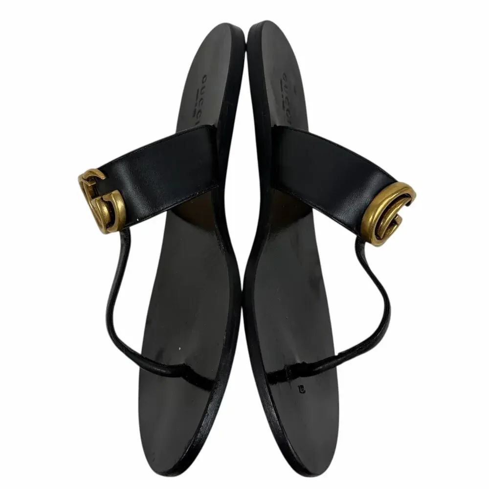 Gucci Black Leather Thong Sandal Gold Double G Logo Size 36.5 - Picture 7 of 15